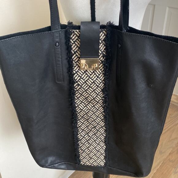 Loeffler Randall Black Tall Leather and Raffia Shopping Tote - Picture 2 of 8